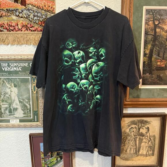 American Vintage Other - Vintage 90s/00s Y2K‎ Green Skulls Spider Art Death Shirt Size XL